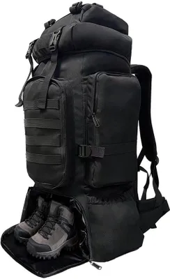Produktbild von Taktischer 80-Liter-Wanderrucksack mit Schuhfach – Großer Rucksack für Camping, Trekking und Outdoor-Aktivitäten – Uni – Schwarz
