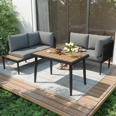Produktbild von MERAX Gartenlounge-Set 3-tlg aus verzinktem Stahl und handgeflochtenem Seil,  4-Sitzer Gartenmöbel-Set Essgruppe mit 2 Ecksofa & Esstisch