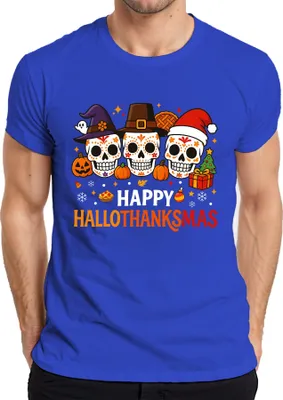Produktbild von Happy Hallothanksmas Totenköpfe Dia de los Muertos Halloween Herren T-Shirt, Blau, L