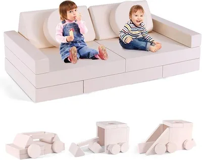 Obrázek produktu pro Modulní dětská sedačka, šedá, 14 dílů. Hrací sedačka vyrobená z vysoce hustého pěnového materiálu 25D s odnímatelným potahem, který lze prát v pračce. Kombinovatelná dětská sedačka se 7 různými tvary, vhodná do dětského pokoje i herny