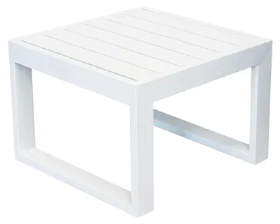 Obrázok produktu pre Nízky štvorcový stolík 45 x 45 cm do exteriéru a záhrady, vhodný do obývacej časti, s hliníkovou konštrukciou a doskou s efektom latiek Milos – biela