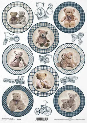 Zdjęcie produktu dla Papier ryżowy do decoupage ITD-R1954  niebieskie kratki, misie, maskotki, zabawki