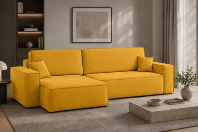 Image de Canapé d'angle Kaiser Möbel en forme de L, avec fonction couchage et coffre de rangement, revêtement en velours Bluvel, couleur or, côté gauche, modèle BEST XL