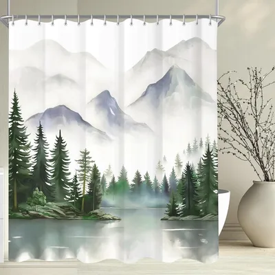 Image de Rideau de douche 240x200 cm, motif montagne, anti-moisissure, hydrofuge, lavable, en polyester, avec 16 anneaux