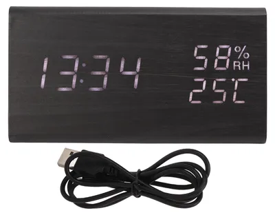 Imagen del producto de Despertador digital, con brillo ajustable, indicador de temperatura y humedad, diseño en y madera, luz blanca, lámpara de escritorio LED para habitaciones