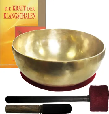Produktbild von Therapie Klangschale ca. 900-1000g Handarbeit aus Nepal 5-tlg Klangmassage Set. Gelenkschale Universalschale + Buch + 2 x Klöppel + Zubehör.
