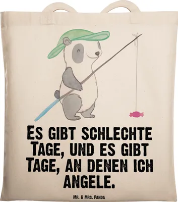 Produktbild von Mr. & Mrs. Panda Schultasche Panda Angeln - Transparent - Geschenk, Angelsport, Angelverein, Einkaufstasche, Jutebeutel, Tasche, Laptoptasche, gehen, Tote Bag, Angler