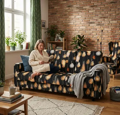 Produktbild von Schlafsofa ALICJA B Design – mit Schlaffunktion, Webstoff in Schwarz gemustert, Family Meble, KI-generiertes Bild