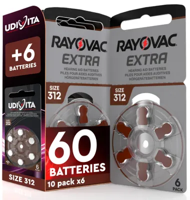 Produktbild von 60 Batterien für Rayovac Hörgeräte Extra Size 312. + 6 Udivita-Batterien