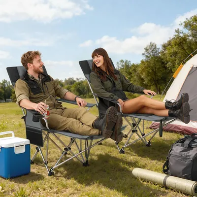 Produktbild von Campingstuhl 2er Set faltbar mit Fußstütze, Angelstuhl Klappstuhl Outdoor, Stahl 600D Oxford, Grau | 125 x 48 x 90 cm | bis 120 kg | 7 kg