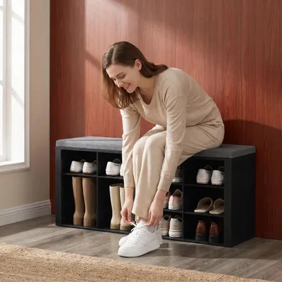 Produktbild von Schuhbank mit Sitzfläche, 12 Fächern, Schwarz | Schuhschrank mit Sitzbank, Verstellbare Ablagen, Für Wohnzimmer, Schlafzimmer, Flur
