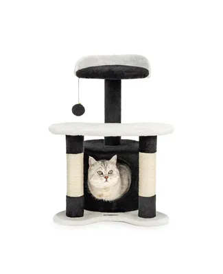 Produktbild von lionto Kratz- & Spielbaum, 65 cm stabiler Katzenbaum mit Sisalstämmen, Plüschhöhle & Spielball, ideal für kleine Katzen, schwarz/weiß