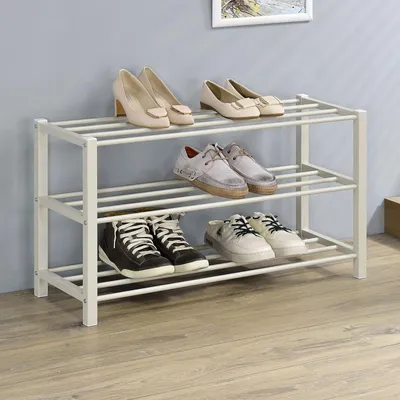 Produktbild von Schuhregal NAVAN Metall Beige, robuste Schuhbank mit 3 Ablagen, platzsparende Schuhkommode, ideal für Schuhregal offen, Schuhständer, Schuhregale