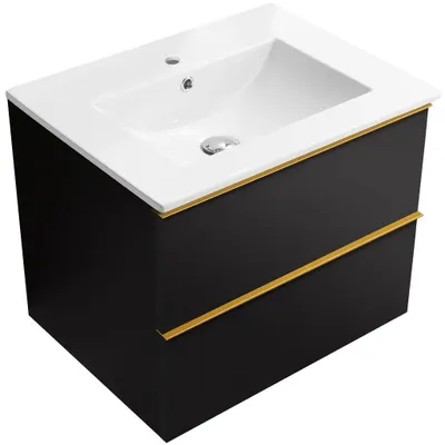 Produktbild von CERANO - Badezimmerschrank Velora - matt schwarz, Griff golden + Keramikwaschbecken Todo - 61x55x46,5 cm