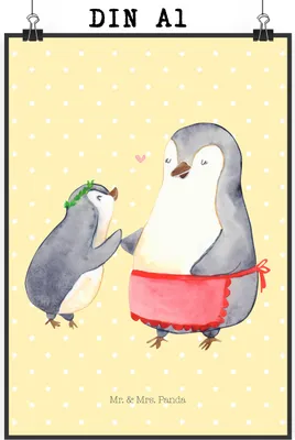 Produktbild von Mr. & Mrs. Panda Bild Pinguin mit Kind DIN A1 - Gelb Pastell - Geschenk, drucke, Familie, Wanddekoration, Mama, Vorbild, Muttertag, Plakat, Beste, Mutter, wanddeko