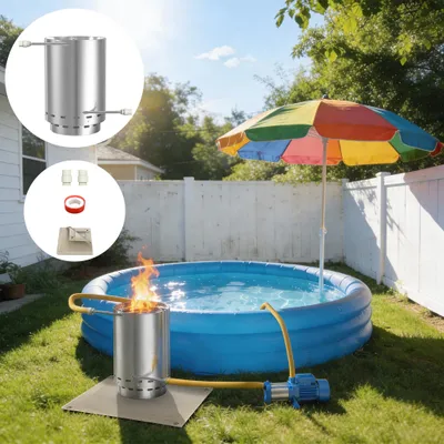 Image de Chauffage de piscine LARS360 Baril à bois en acier inoxydable 28 L de bois de chauffage, spirale chauffante, raccord Ø32/38 mm, bac à cendres, tapis pare-feu, chauffage de piscine de jardin