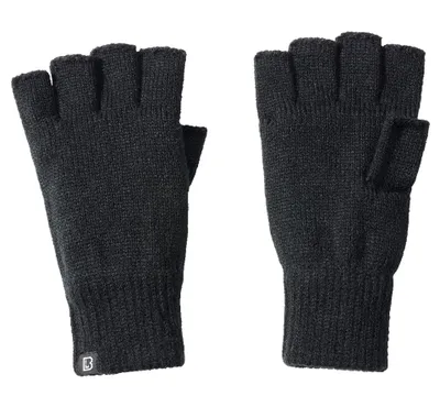 A pair of black fingerless gloves shown from the front on a white background.