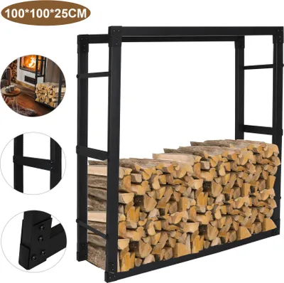 Image de Bettizia étagère à bois de cheminée métal étagère à bois de chauffage intérieur extérieur pour bois de chauffage stockage de bois support de bois de cheminée noir 100 x 100 x 25 cm