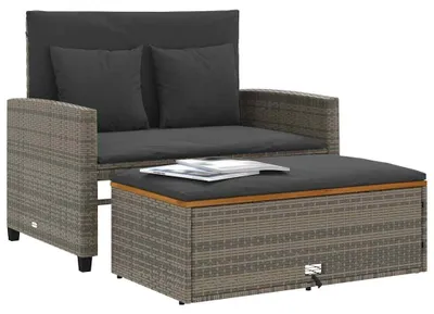 Produktbild von vidaXL Gartensofa mit Kissen 2-Sitzer Grau Poly Rattan & Akazienholz
