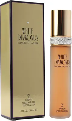 White Diamonds Parfum von Elizabeth Taylor in goldener Flasche mit Zierband aus Kristallen, neben passender goldfarbener Verpackung.