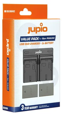 Immagine prodotto di Kit Jupio composto da 2 batterie BLS5/BLS50 da 1210 mAh e da un caricabatterie doppio per Olympus