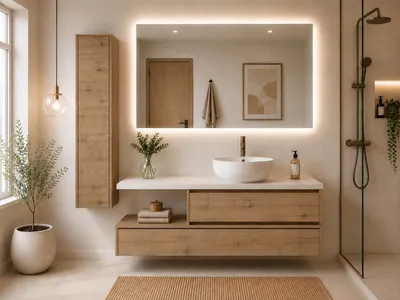 ORIGEN BATH MENORCA Badmöbel mit Aufsatzwaschbecken, 120x46 cm, Estepa, AI-gegenereerde afbeelding