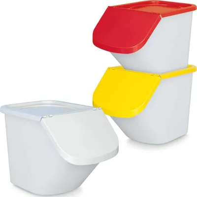 Produktbild von 3x 40 Liter Zutatenbehälter mit Entnahmeklappe, stapelbar, Korpus weiß, Deckel gelb/rot/weiß