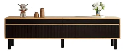 Image de Meuble TV avec gestion des câbles – Pieds noirs et finition en bois – Design moderne – Robuste
