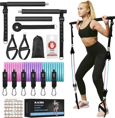 Produktbild von Pilates-Stange mit Widerstandsband, Fitnessband, verstellbar, Türanker, Fußschlaufe, Ganzkörpertraining