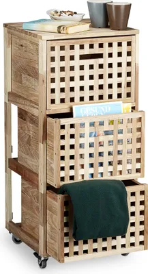 Produktbild von Relaxdays Rollcontainer Holz, 3 Fächer, HxBxT:91,5x40,4x40,4cm, Utensilienwagen, Rollregal, natur