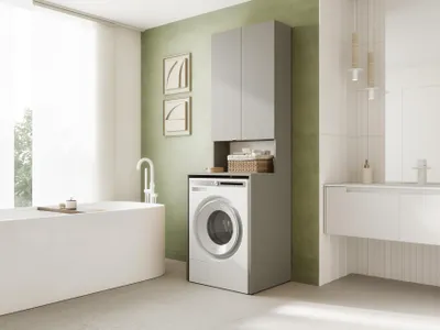 Obrázok produktu pre PLATAN ROOM Skrinka na práčku 210 cm vysoká Kúpeľňová skrinka s 3 policami Skrinka s nadstavcom na práčku a sušičku Hlinená sivá