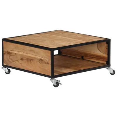 A square coffee table with a wooden top and a black metal frame, shown from a slight angle with wheels at the bottom.