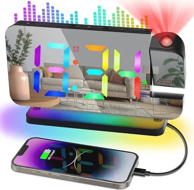 Obrázok produktu pre 7-palcový projektorový budík s nočnou lampou a RGB projektorom – digitálny budík s veľkým displejom, nastavením jasu a hlasitosti, USB nabíjačkou, funkciou odloženia budíka (12/24 hodín)