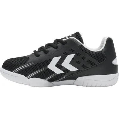 A side view of a black and white athletic shoe.