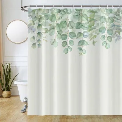 Productafbeelding van Unyqoos® Douchegordijn – Groen aquarel bladmotief, 180x200 cm, polyester, schimmelwerend & waterafstotend, inclusief 12 plastic haken en roestvrijstalen metalen lussen