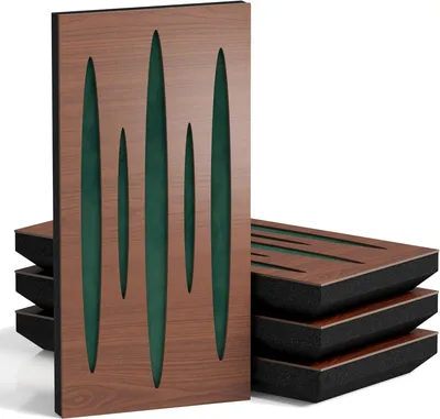 Obrázok produktu pre Sada 10 kusov úzkych akustických panelov PULSAR-F, materiál: zamat, rozmer: 50 x 25 cm, farba: orechová/zelená