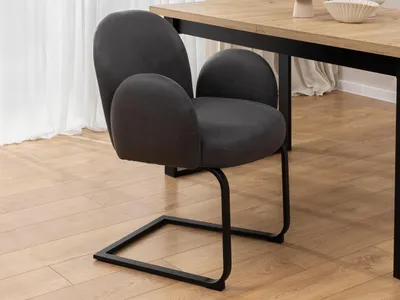 Produktbild von Vela - Polsterstuhl im Japandi Stil und im runden Design aus Mikrofaser Anthrazit Vintage mit schwarzem Metallgestell