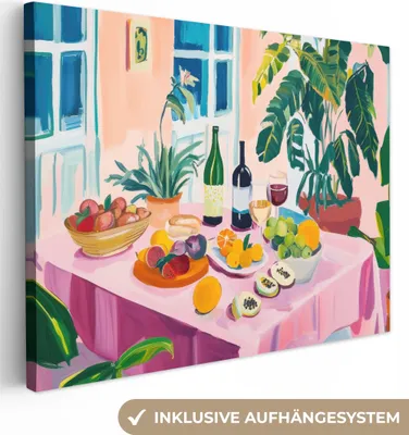 Produktbild von Leinwand Bilder 80x60 cm - Eklektisch - Tisch - Wein - Obst, Bild Modern, Wanddeko, Gemälde
