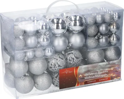 Produktbild von Christmas Gifts Weihnachtskugeln Set Silber 100 Kunststoff Christbaumkugeln - Indoor & Outdoor - Matt, Glänzend, Glitzer, Durchbrochen - Ø 3/4/6 cm