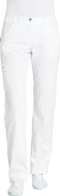 A pair of white cargo pants and white sneakers.