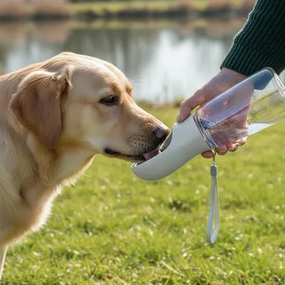 Produktbild von belviona Trinkflasche für Hunde & Katzen, auslaufsicherer Wasserspender mit Einhandbedienung, ideal für Spaziergänge & Reisen, 500 ml grau