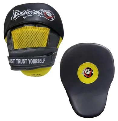 Productafbeelding van DragonDo 40011-P Professionele focuspads set (paar) – Geel/zwart – Stootdempende, gebogen pads voor boksen, kickboksen en MMA – Gemaakt van hoogwaardig Polyurethanleer met een contrasterend doelwit voor training