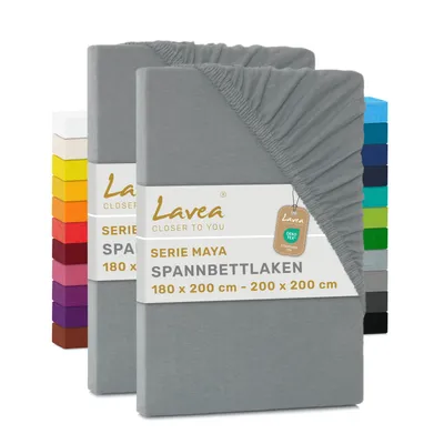 Zdjęcie produktu dla Lavea® 2-pak prześcieradeł z gumką 180 x 200 cm – 200 x 200 cm, prześcieradło 100% bawełna dżersejowa, z gumką na całym obwodzie, do materacy o wysokości do 20 cm, miękkie, stabilne, trwałe, średnio szare