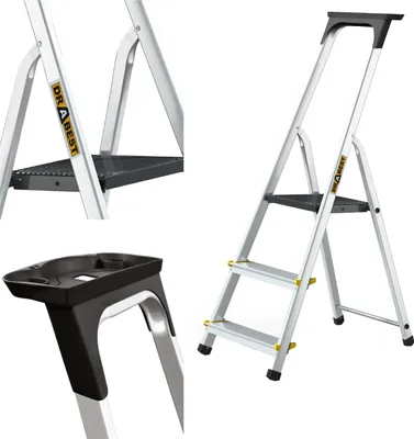 Obrázok produktu pre Drabest | Skladací rebrík - 3 stupne, nosnosť 150 kg - hliníkový rebrík, rebrík, protišmykové nohy, rebrík