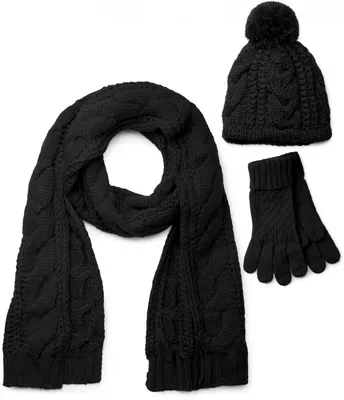 Produktbild von styleBREAKER Schal, Mütze und Handschuh Set, Zopfmuster Strickschal mit Bommelmütze und Handschuhe, Damen 01018208