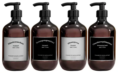 Image de Distributeurs de savon en plastique, lot de 4, distributeurs de savon de 300 ml avec étiquettes, lot de flacons à pompe pour la salle de bains, flacon de shampoing (300 ml, marron)