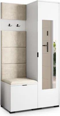 Produktbild von Masseno Garderobe-Set VIRA 95/181/51 cm Modern Garderobenschrank Weiß, Veloursstoff MONOLITH 04 (Beige)
