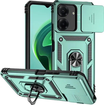 Image de Etui pour Xiaomi Redmi 13C /Poco C65 étui double couche avec protection coulissante de l'appareil photo et anneau de support vert