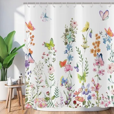 Produktbild von Duschvorhang mit Blumenmuster, 120 x 200 cm - Wasserdichtes Polyester - Bunt in Rosa, Blau und Lila mit Blumen und Schmetterlingen - Waschbarer Duschvorhang