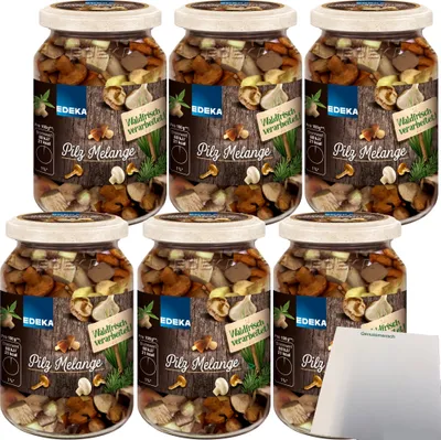Produktbild von EDEKA Pilz Melange waldfrisch Mischung aus Pﬁfferlingen Shiitake Kräuterseitlinge Champigons 6er Pack (6x290g Glas) + usy Block